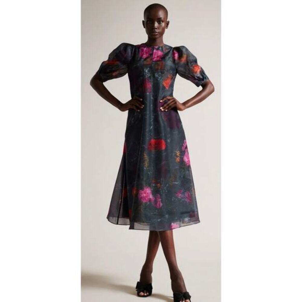Ted Baker Silky flowy Black Floral Midi dress size 0